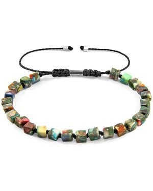 Anchor and Crew Multicoloured Imperial Jasper Ralph Silver & Stone Skinny Macrame Bracelet - Green