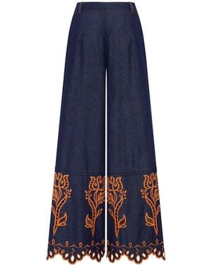 Annabo Velvet Rose Embroidered Denim Wide-Leg Trousers - Blue