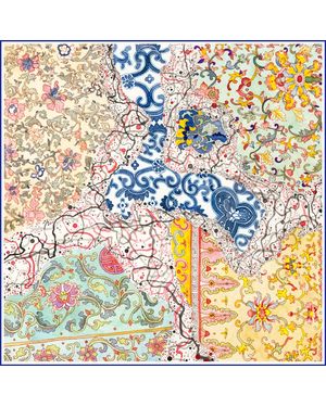 Wenzi Tapestry Of Time Hand Painted Mulberry Silk Square Scarf - Blue