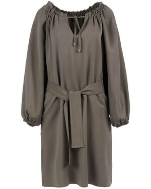 Conquista Belted Color Dress With Pockets - Gray