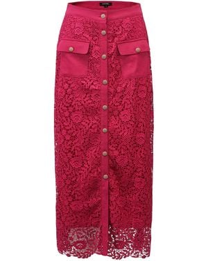 Smart and Joy Lace And Center Buttons Straight Midi Skirt - Red