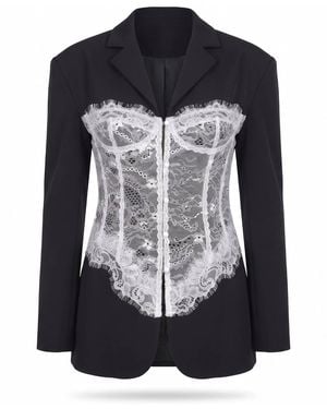 Modenaire Lace Corset Detail Blazer With Tailored Fit And Button Front - Black