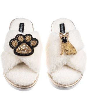 Laines London Neutrals Boucle Slippers With Paw & Fawn Sitting French Bulldog Brooches - Metallic