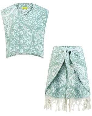 Emanmoon Neutrals Sage Crop Top & Fringed Skirt Set - Blue