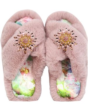 Yomisma Eco Faux Fur Slippers – Recycled Faux Fur + Removable Brooches With Custom Silk Insoles - Pink