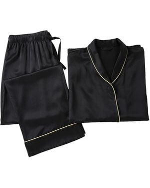 Soft Strokes Silk Daffodils Pure Silk Long Sleeve Pajama Set For - Black