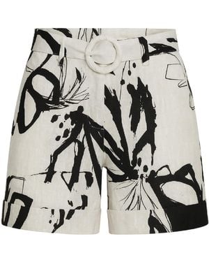 Conquista High-Waisted Abstract Print Linen Shorts With Matching Belt - White
