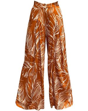 Imaatu Sande Palms Rust Sustainable Viscose High-Waist Wide-Leg Palazzo Trousers With Pockets Tropical Print - Brown