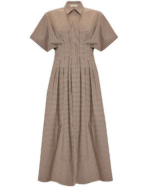 Exquise Neutrals Tailored Defined Waist Check Print Shirt Dress - Natural