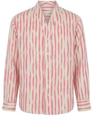 Modenaire Striped Button Front Shirt With Stand Collar - Pink