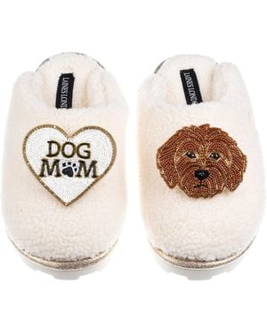Laines London Neutrals Teddy Closed Toe Slippers With Dog Mum Mom & Apricot Cockapoo Brooches - White