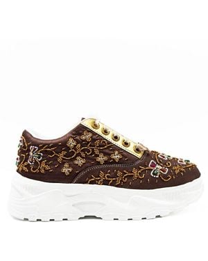 Rettrose Evelyn Luxury Mauve Satin Handmade Embellished Sneakers - Brown