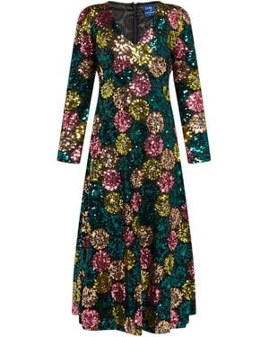 Tantra Spain Sl Floral Sequined Midi A Line Dress With Long Sleeves - Green