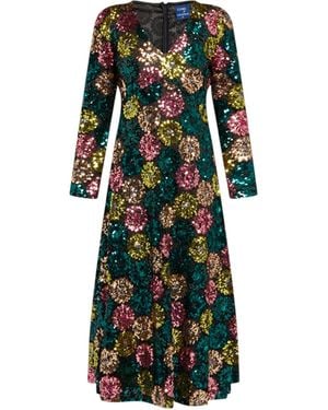 Tantra Spain Sl Floral Sequined Midi A Line Dress With Long Sleeves - Green