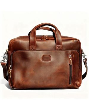 Touri Genuine Leather Briefcase With Front Leather Patch - Brown