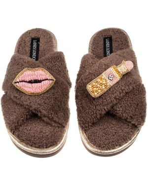 Laines London Neutrals Laines Neutral Boucle Slippers With Lips & Lipstick Brooches - Brown