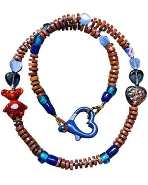 Desert Lobby Nineties Kid – Beaded Necklace With Glass Teddy Bear Charm - Blue