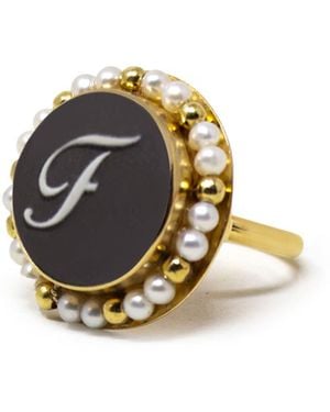 Vintouch Italy Gold Vermeil Black Cameo Pearl Ring Initial F - Metallic