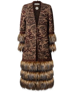 The Extreme Collection Long Patterned Coat With Faux Fur Violetta - Brown