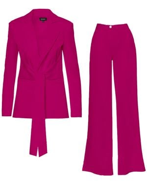 BLUZAT Fuchsia Suit Featuring Blazer With Scarf Detail And Wide Leg Pants - Purple
