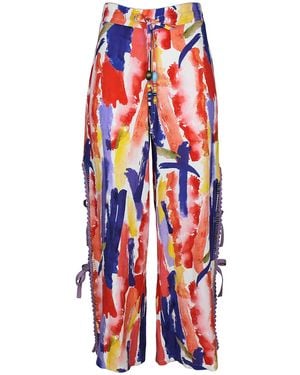 Lalipop Design Abstract Print Wide-Leg Linen Trousers With Hand-Embroidered Detail