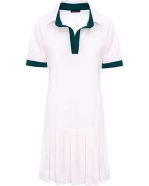 concept A trois Short Pleated Dress With Shirt Collar With Dark Contrast Details - White