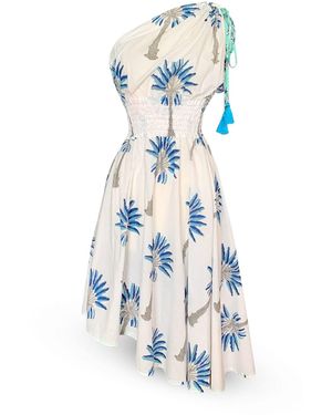 Pick Happy One Shoulder Asymmetry Dress Palm Tree - Blue