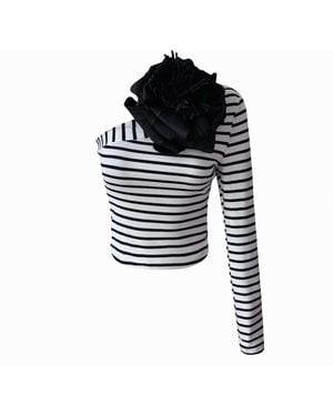London Atelier Byproduct Striped One Sleeve Top With Flower Pin - Black