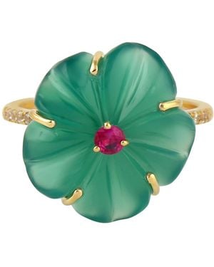 Artisan 18K Carved Onyx, Ruby, Sapphire Flower Ring - Green