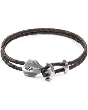 Anchor and Crew Dark Brown Delta Anchor Silver & Braided Leather Bracelet