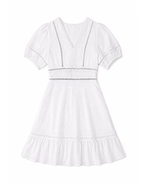 Yumi' Lace Trim V Neck Dress - White