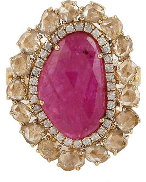 Artisan 18K Oval Ruby Ring With Ice Diamond Halo & Split Shank - Pink