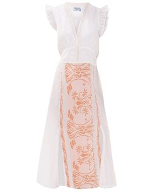 Haris Cotton Lace Insert Linen Dress With Embroidered Cotton Details And Split Hem - Pink