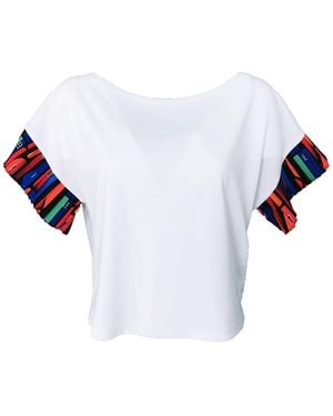 Lalipop Design Viscose Blouse With Boat Neck & Pleated Sleeves - White