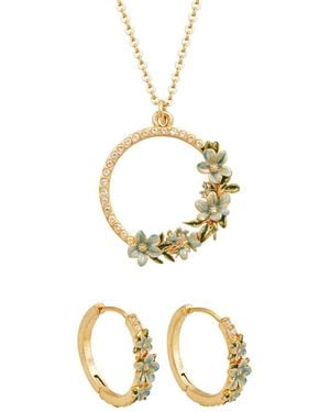 Fable England Floral Wreath Necklace & Floral Wreath Hoop Earrings Set - Metallic