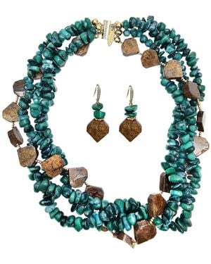 Farra Bamboo Coral With Tiger Eye Stone Multi-Layers Necklace And Earrings Set - Green