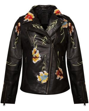 Zasta Studio Flower Wine Embroidered Leather Jacket - Black