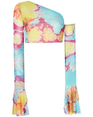 No'design Sheer Crop Top With Ruffled Sleeves Multicolour - White
