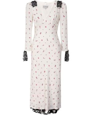 POST MERIDIEM Floral Fitted Midi Dress With Lace - White