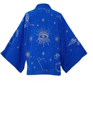 Artemis Muse Cosmos Embroidered Electric, Ivory & Fully Lined Short Kimono - Blue