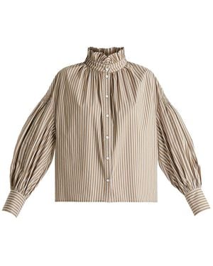 Paisie Neutrals Puff Sleeve Shirt With Ruffled Collar - Natural