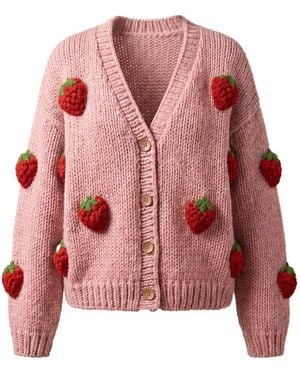 Ana Chic Strawberry Motif Handmade Knitted Cardigan - Pink