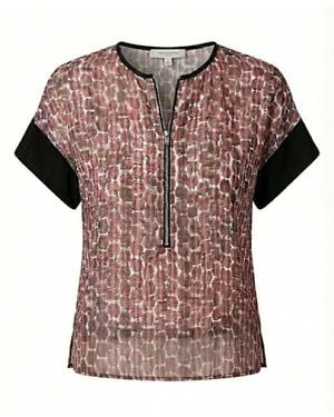 Conquista Elegant Printed Zip-Front Blouse With Contrast Sleeves - Black