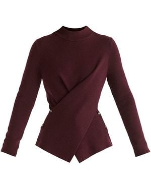 Paisie Wrap Front Knit Top With Mock Neck And Button Detail - Purple