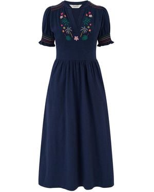 Sugarhill Esme Jersey Midi Dress, Tropic Palm Embroidery - Blue
