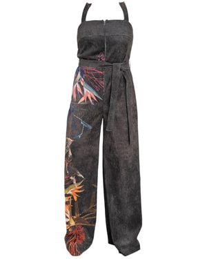 ARTISTA Washed Corduroy Floral Print Jumpsuit - Black