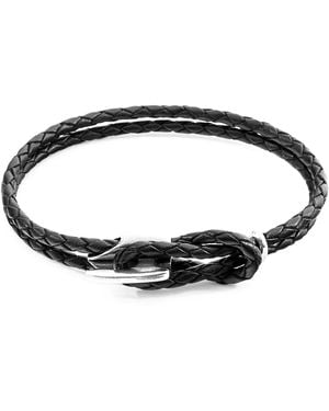 Anchor and Crew Coal Black Padstow Silver & Braided Leather Bracelet