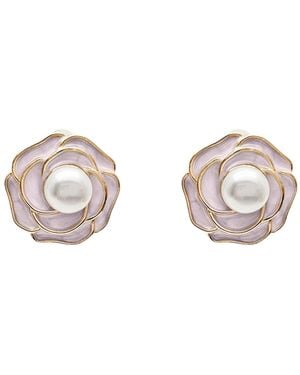 Farra Enamel Flower Stud Earrings With Freshwater Pearl - Pink