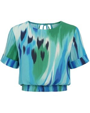 Conquista Elegant Printed Net Top With Open Back & Tie Detail - Blue