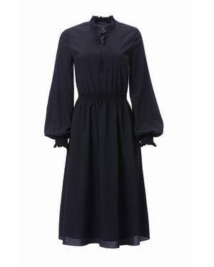 Carloslines Front Neck Tie Smocked Waist Long Sleeve Midi Dress - Blue